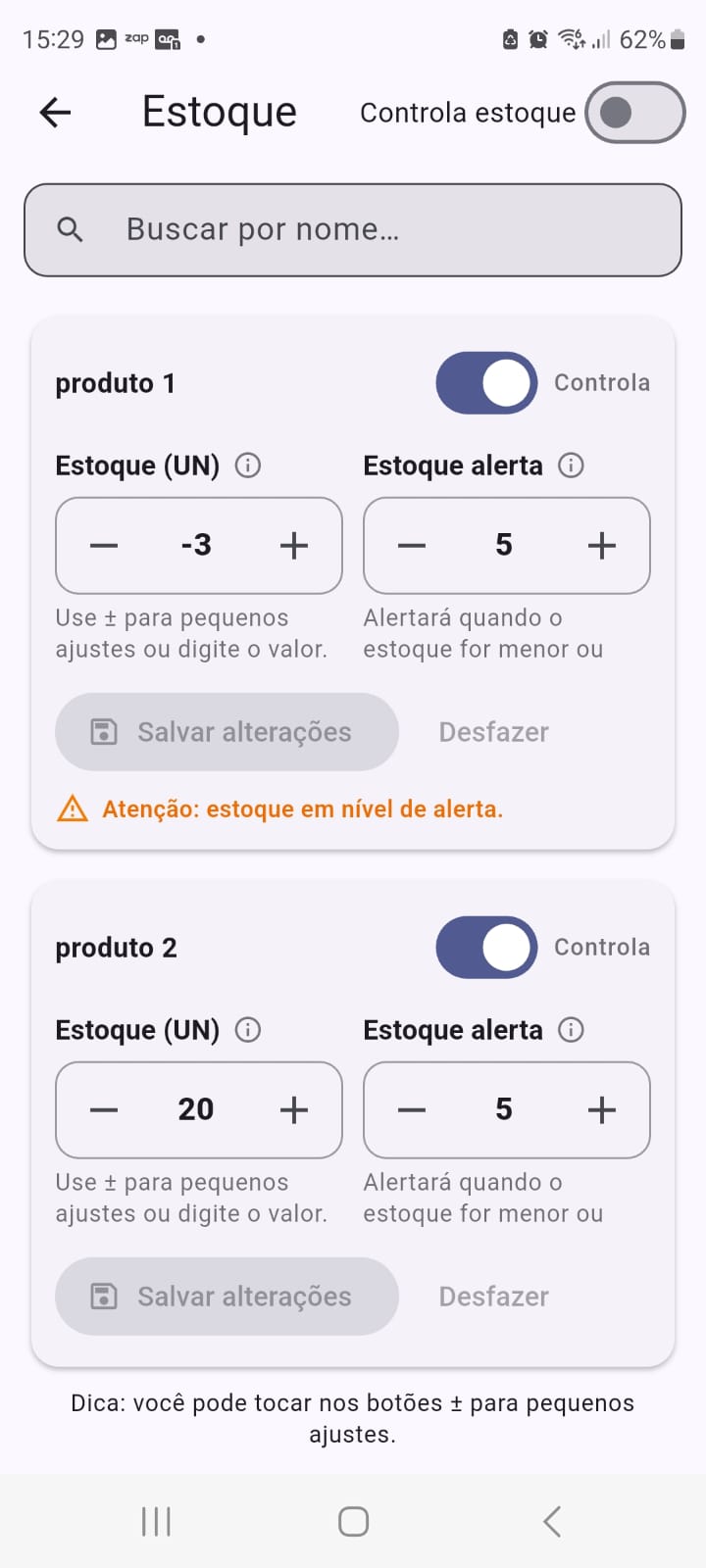 Tela de estoque CRUD